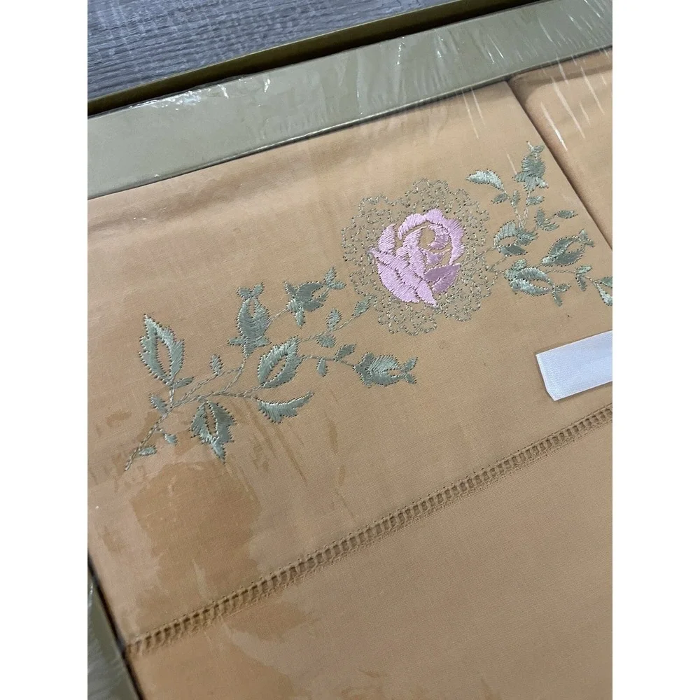 Vintage Riegel Orange Pillowcase‎ Pair Embroidered Roses Gift Set